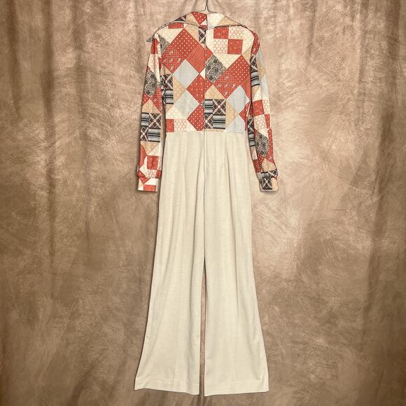 Vintage 70s Melissa Lane Patchwork Jumpsuit High Waist Tie Front Long Sleeve Mod - Picture 2 of 8